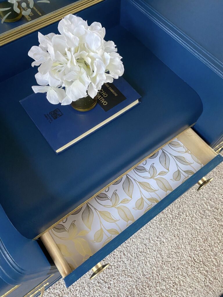 Royal Blue Antique Vanity with Hand-Painted Florals and Gold Accents.